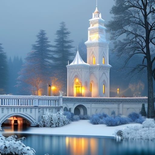 Castle forest, mist, nature, lake, moon, winter, landscape, snow, night!! Artwork by Miroslav Scheib Marek Czczepaniek Y...