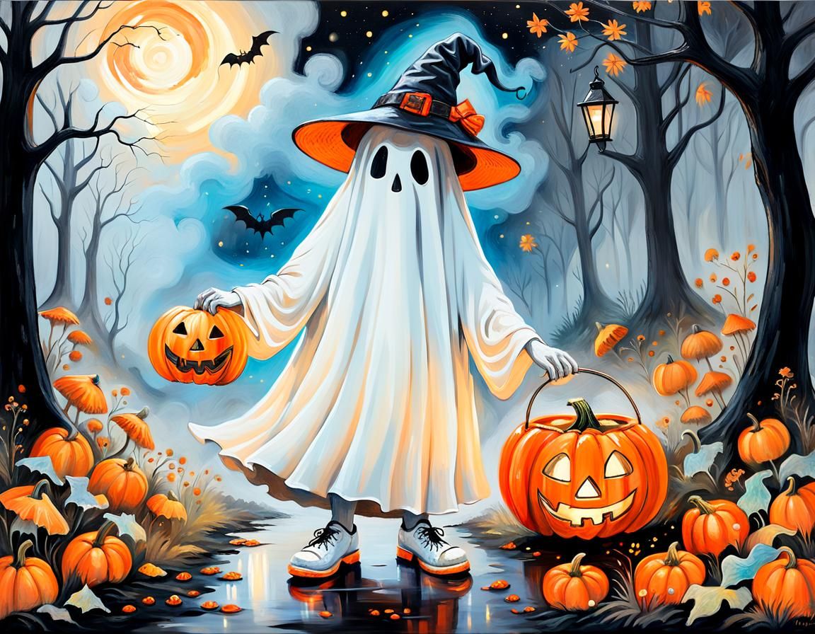 Whimsical Ghost in Enchanted Forest Painting