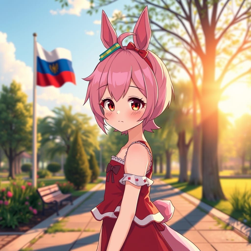 Anime Girl with Horse Ears in Summer Park, Studio Trigger St...