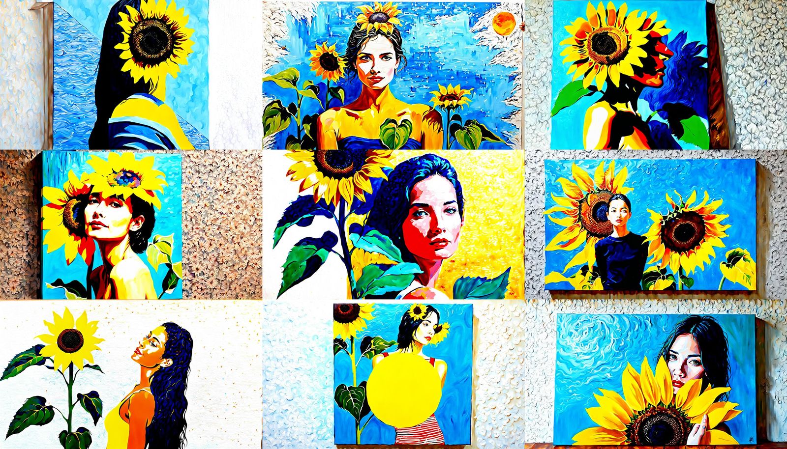 Woman with Sunflower, Acrylic Painting on Canvas