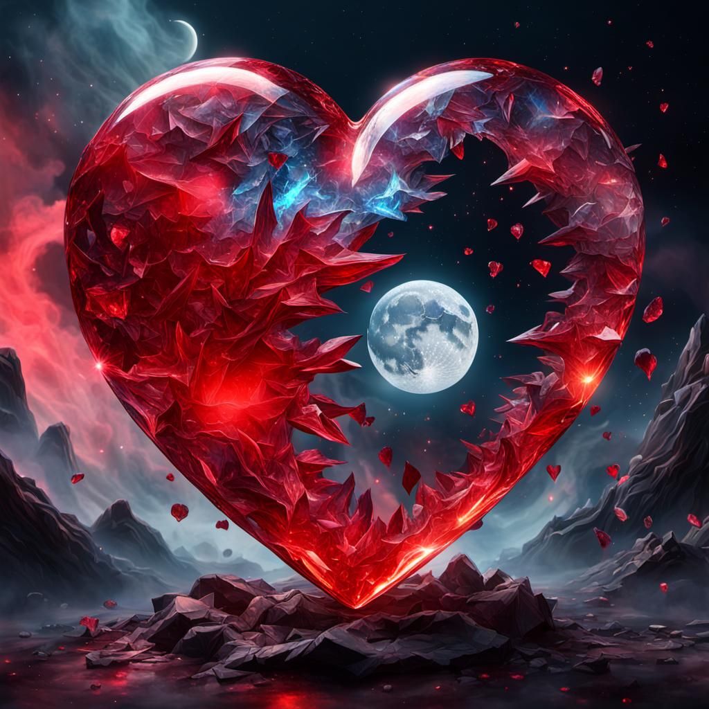Shattered Red Glass Heart in Cosmic Illustration