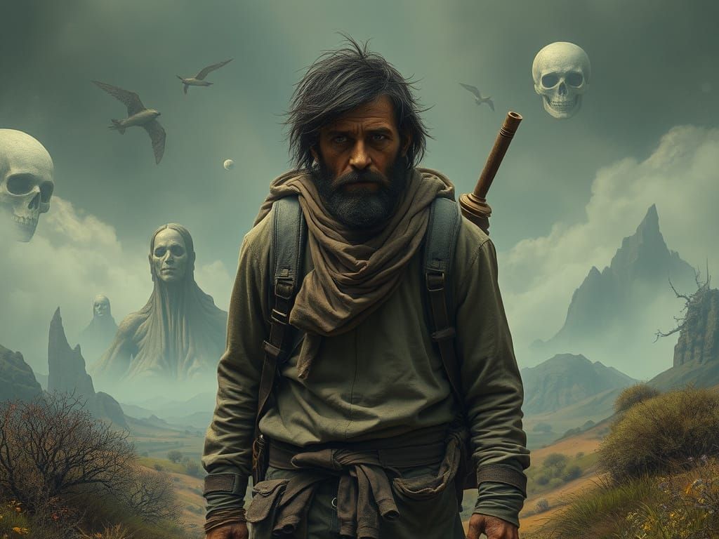 Lone Traveler in Mystical Landscape, Digital Art