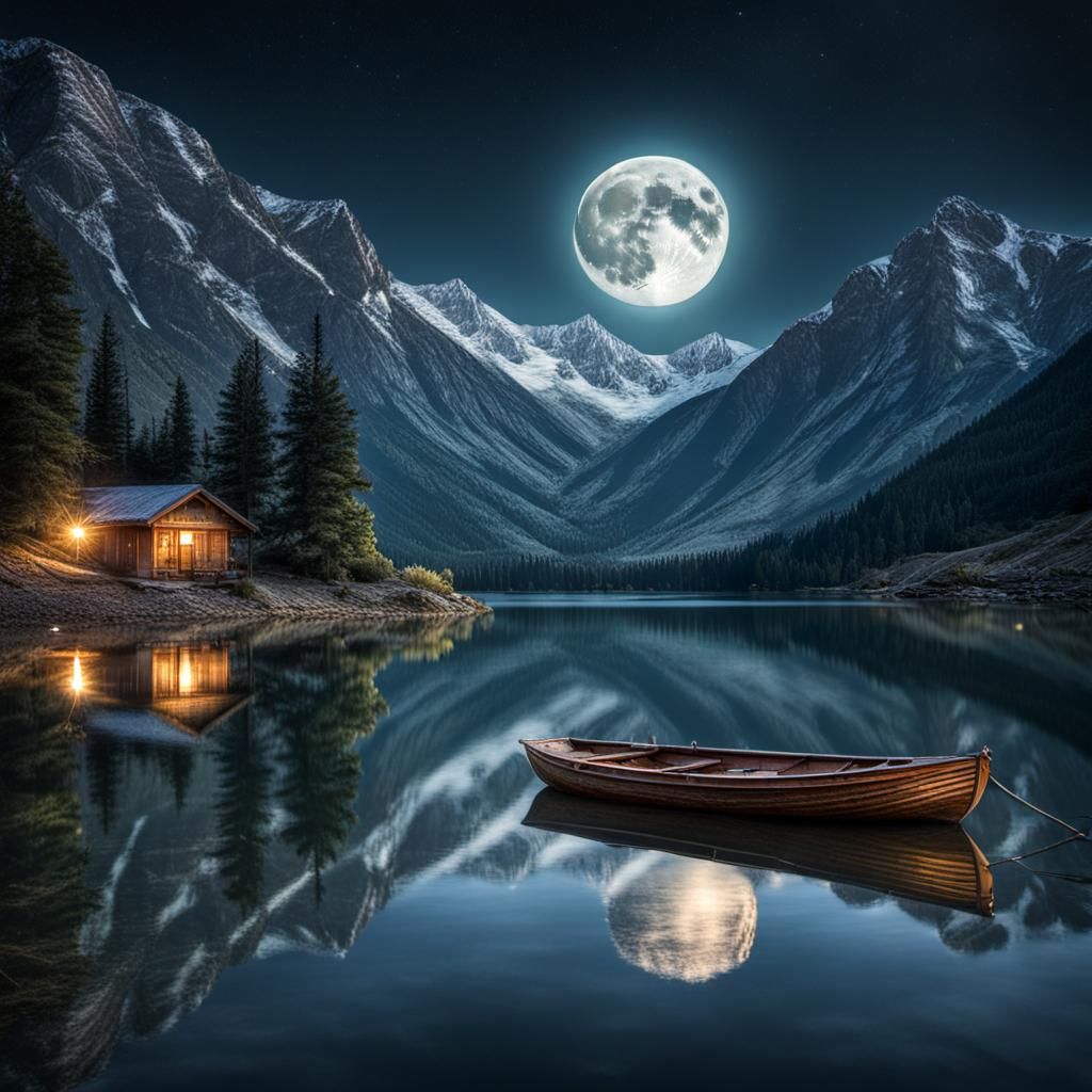 Hyperrealistic Moonlit Lake with Boat