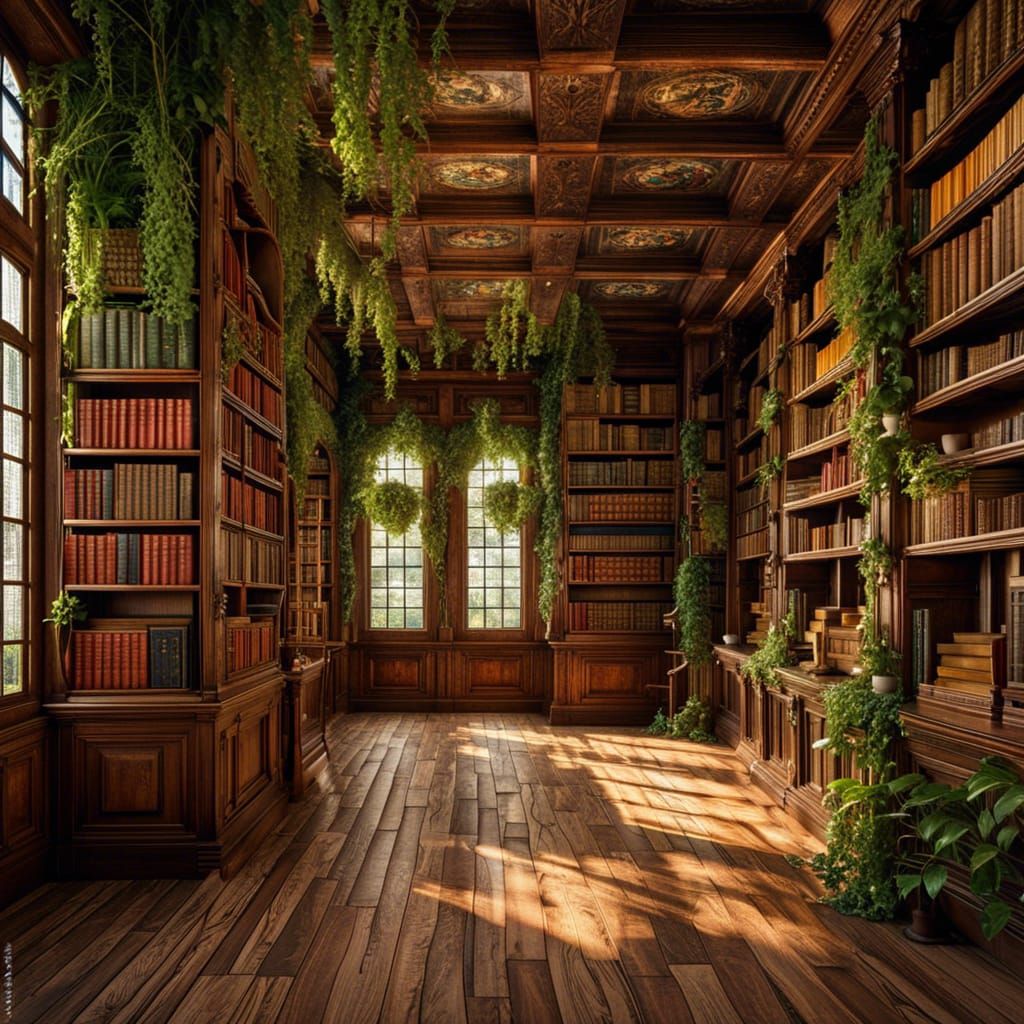 Hyperrealistic Overgrown Library of Antique Books