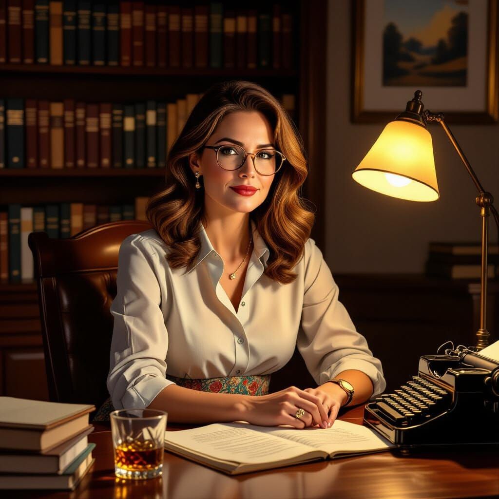 Cozy Study: Woman at Desk in Rockwell Style