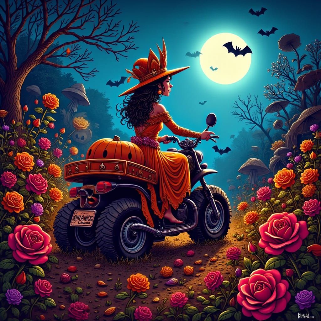 Thai Woman Rides ATV in Haunted Rose Garden, Fairy-Tale Glow