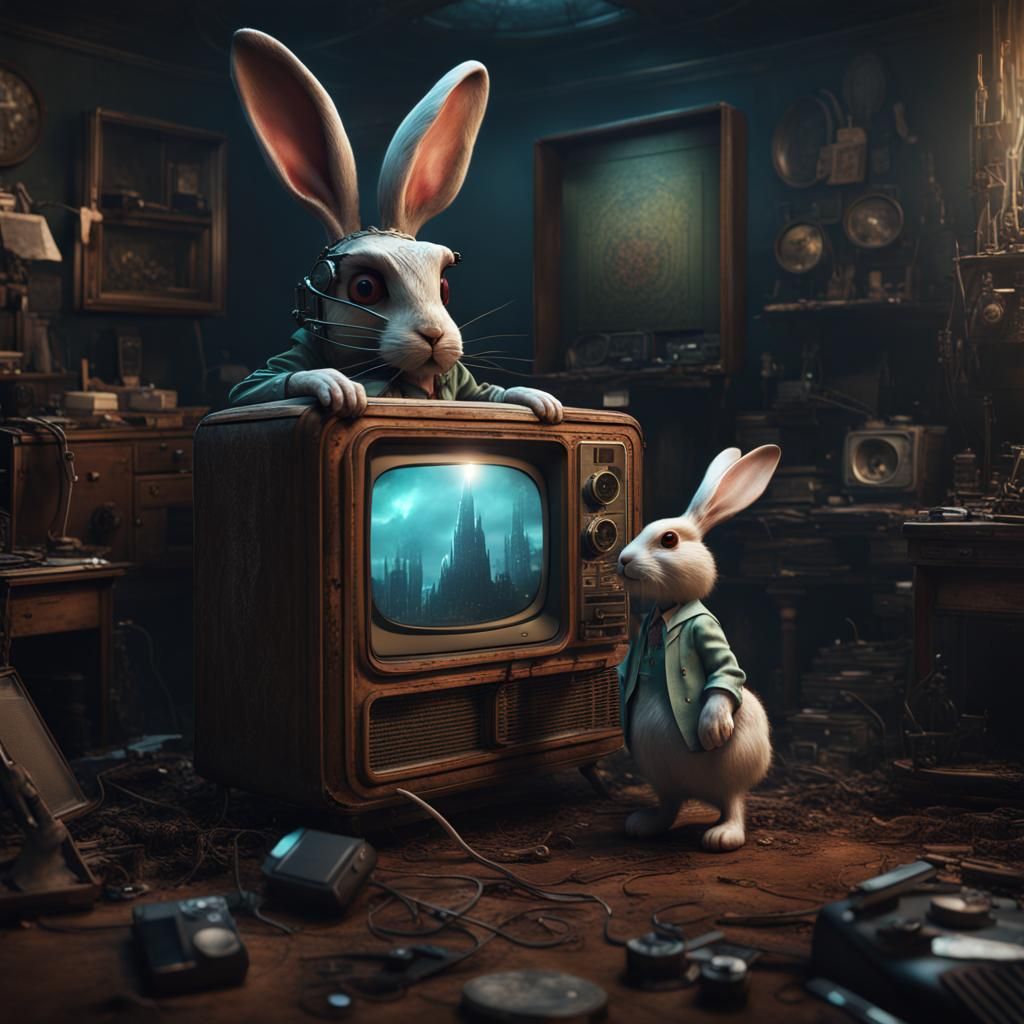 Rabbit with TV Head: Detailed Matte Painting