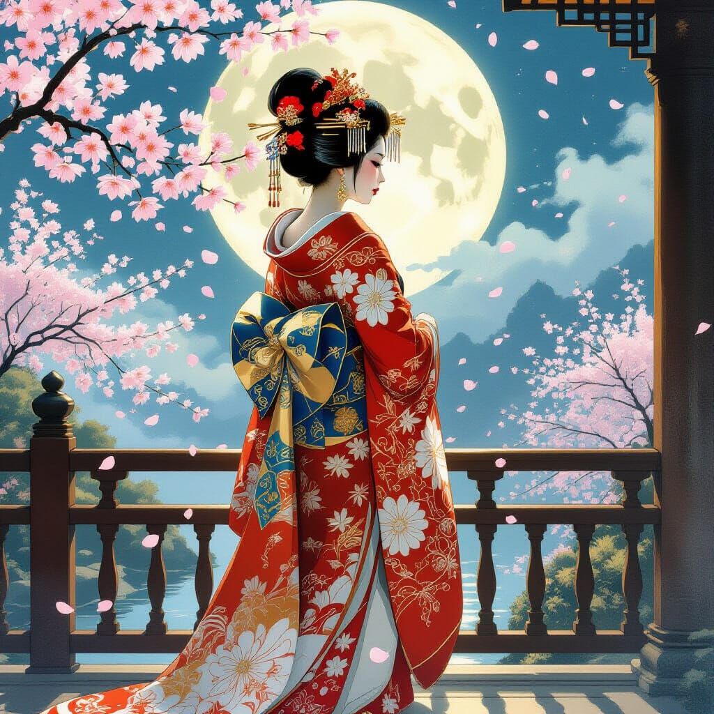 Geisha on Moonlit Balcony with Cherry Blossoms