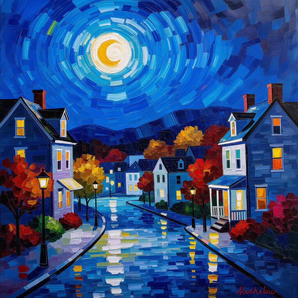 Moonlit New England Fall Festival in Neo-Impressionist Style