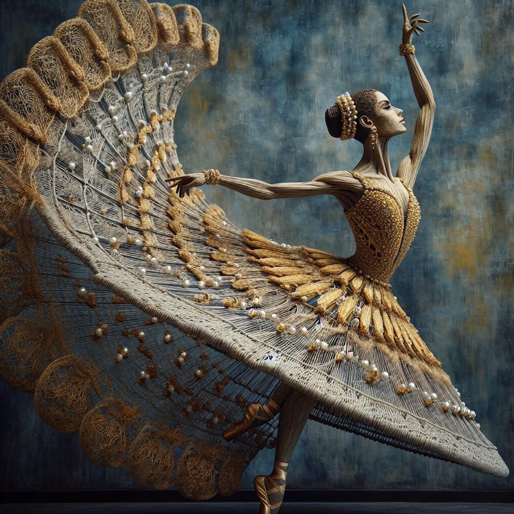 Hispanic Ballerina Dancing with Golden Dress