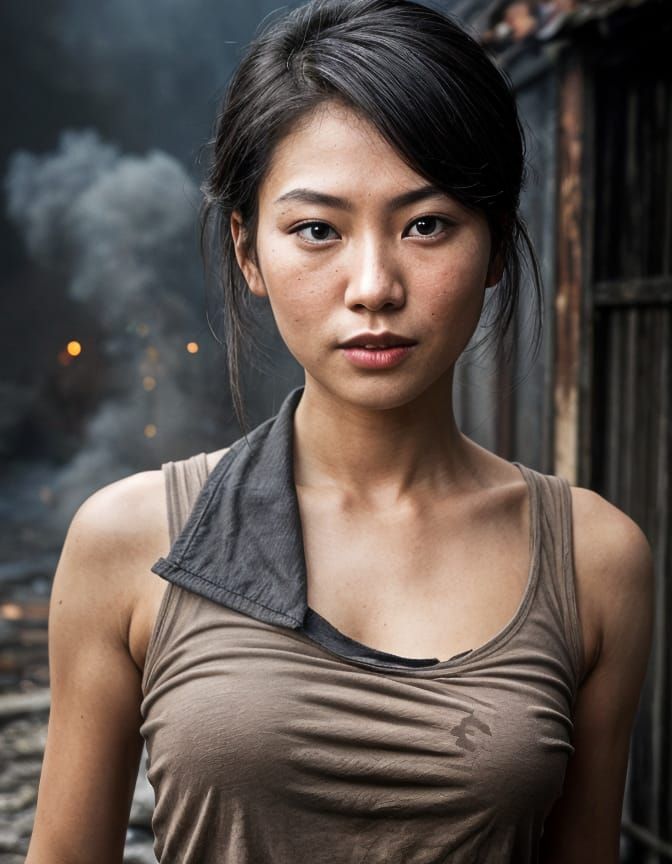 Model in Front of Burning House: Professional Portrait