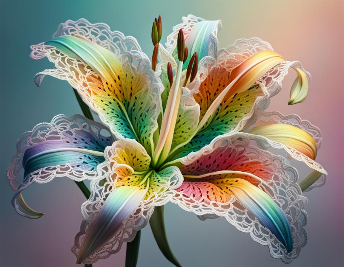 Hyperrealistic Pastel Rainbow Lace Lily Splash Art