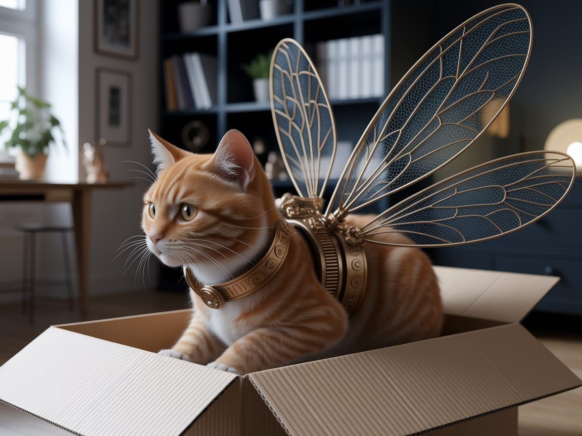 Steampunk Cat with Mechanical Wings in Home Office