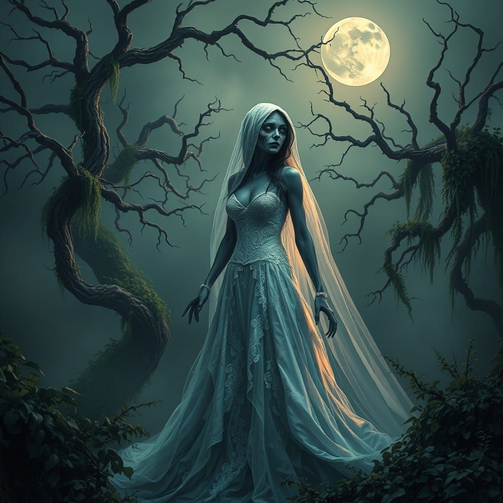 Ethereal Zombie Bride in Haunting Fantasy Landscape