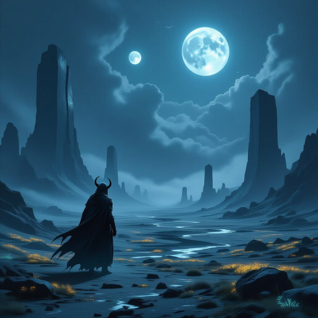 Tiefling Wanderer on Desolate Plain Under Twin Moons