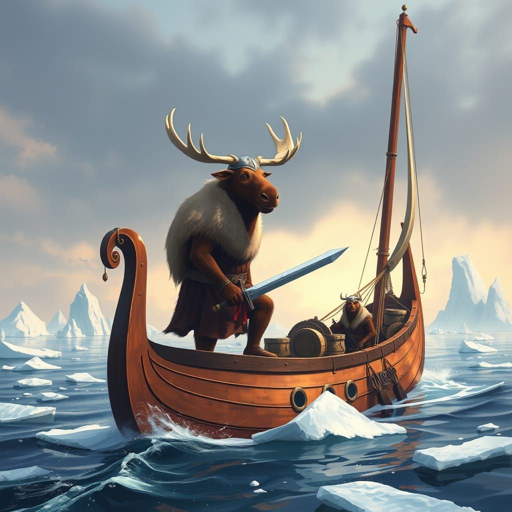Viking Moose Raiders on Icy Seas: Digital Painting