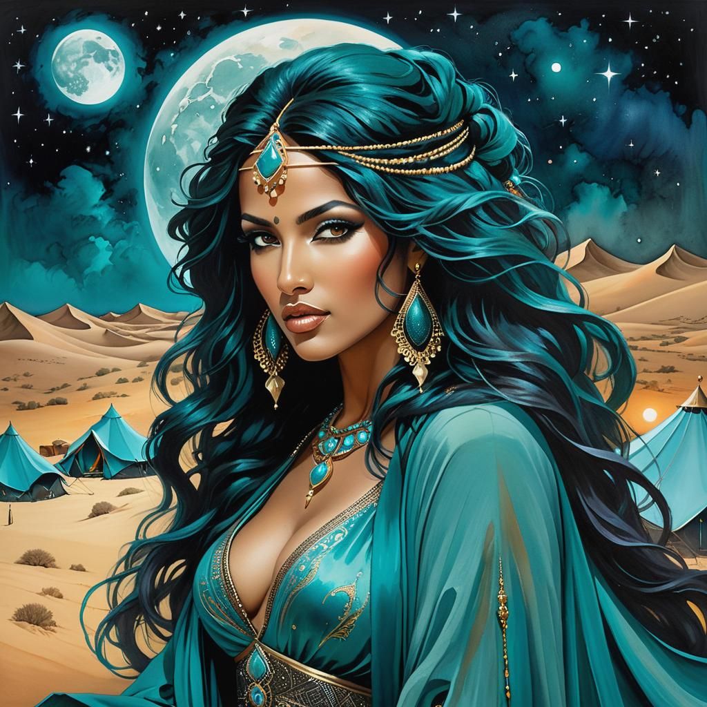 Bedouin Woman in Turquoise Desert, Impressionist Style