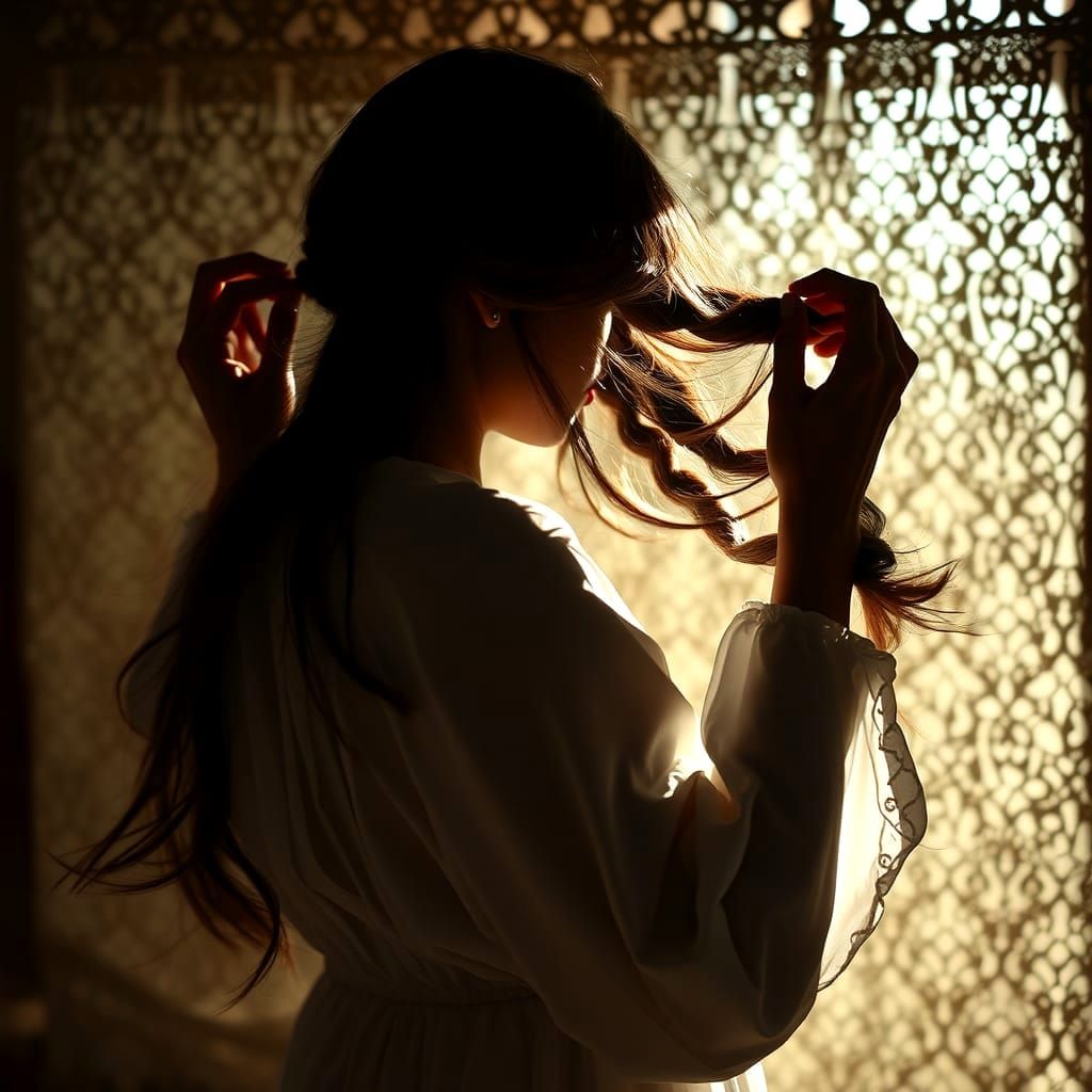 Sensual Portrait of Woman Braiding Hair