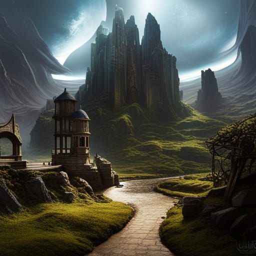 Fantastical Town by Mountain in Matte Painting Style