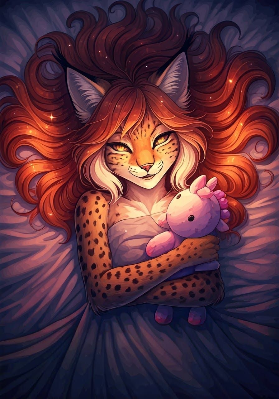 Anthropomorphic Lynx Relaxing in Messy Bedroom, Anime Style