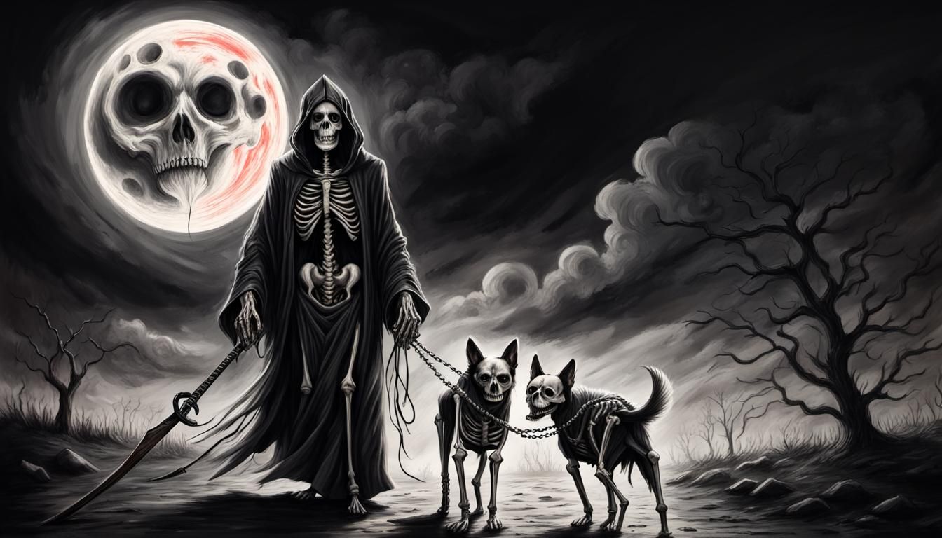 Two-Headed Skeleton Dog on Leash Charcoal Drawing