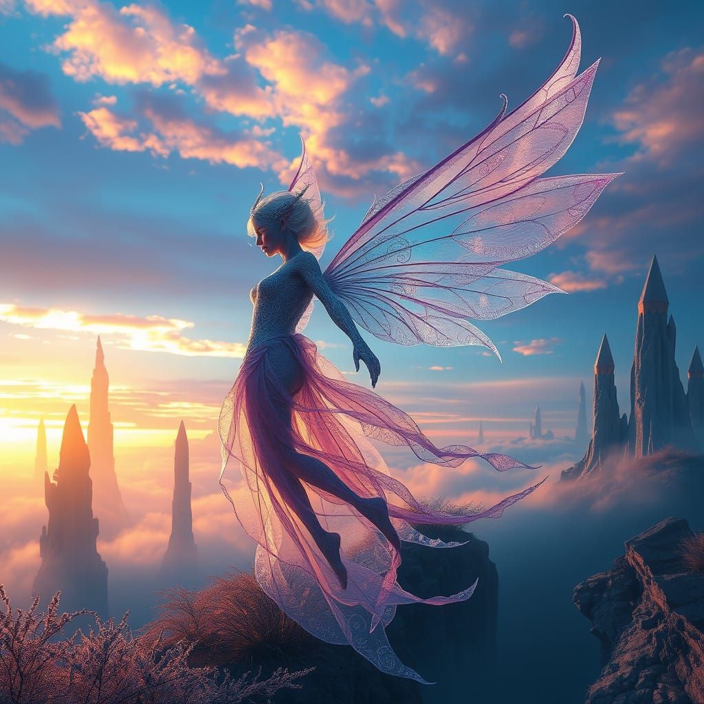 Ethereal Being in Dreamlike Landscape with Iridescent Skies...