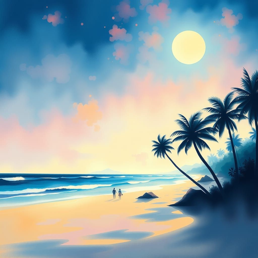 Moonlit Beach: Impressionist Gouache and Watercolor Painting