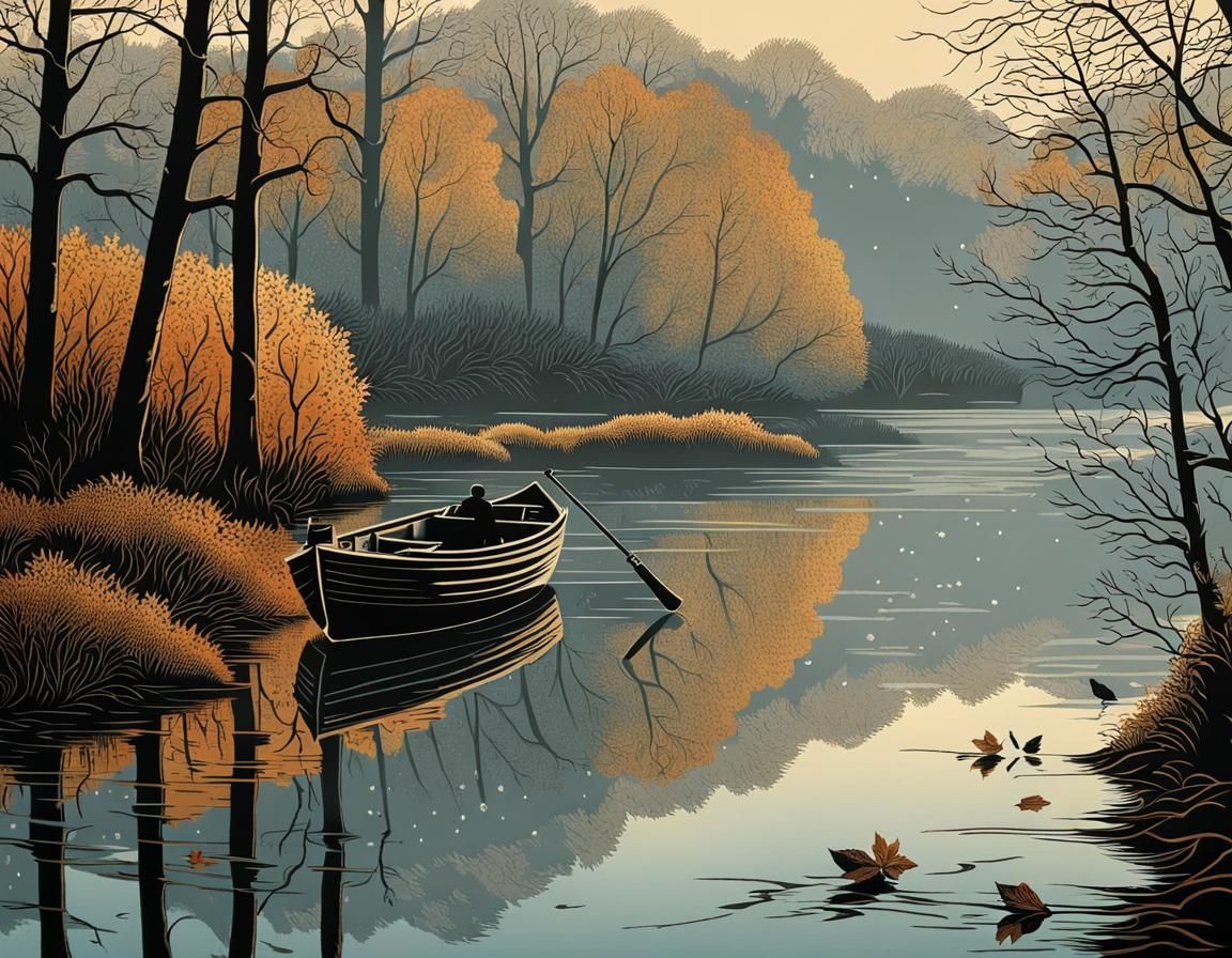 Autumnal Angler in Woodcut Style