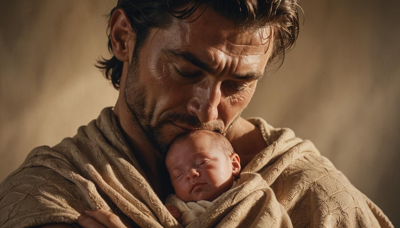 Tender Portrait: Muscular Man and Baby in Golden Light