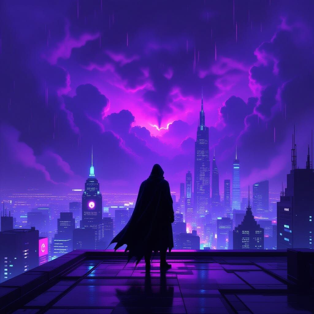 Lone Figure on Neon Rooftop in Dark Fantasy Style