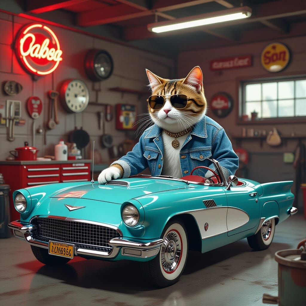 Cool Cat Polishing Corvette in Retro Garage