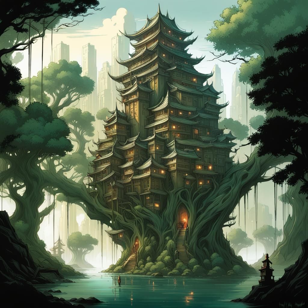 Fantasy City in Giant Tree: Comic Book Art