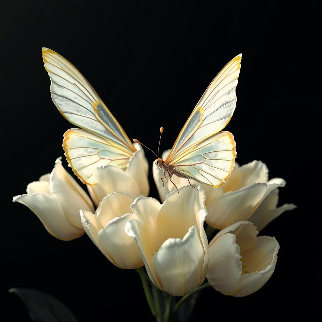 Whispers of Elysium: Delicate Butterfly Amidst White Tulips