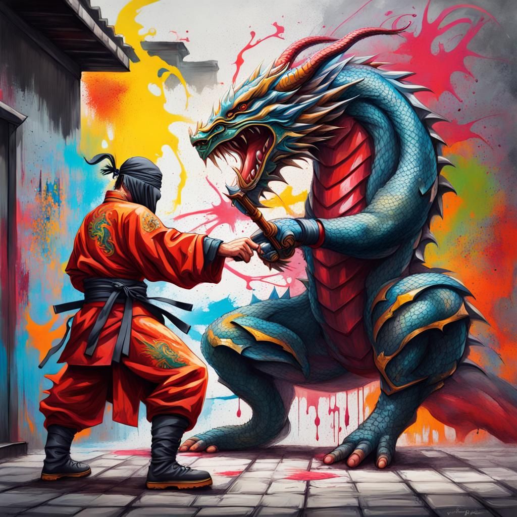 Dragon Wrestles Ninja Samurai in Graffiti Art
