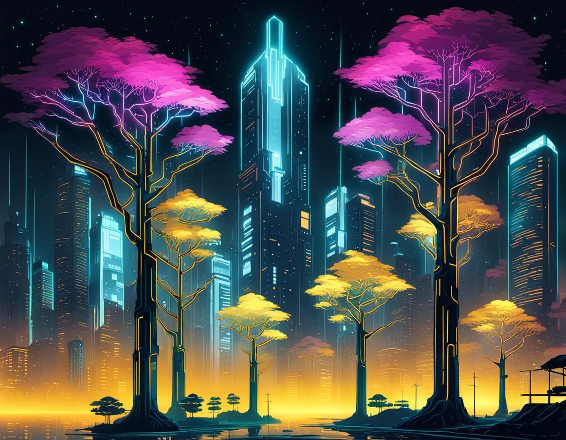 Glowing Trees Above Cyberpunk Metropolis in Comicbook Art