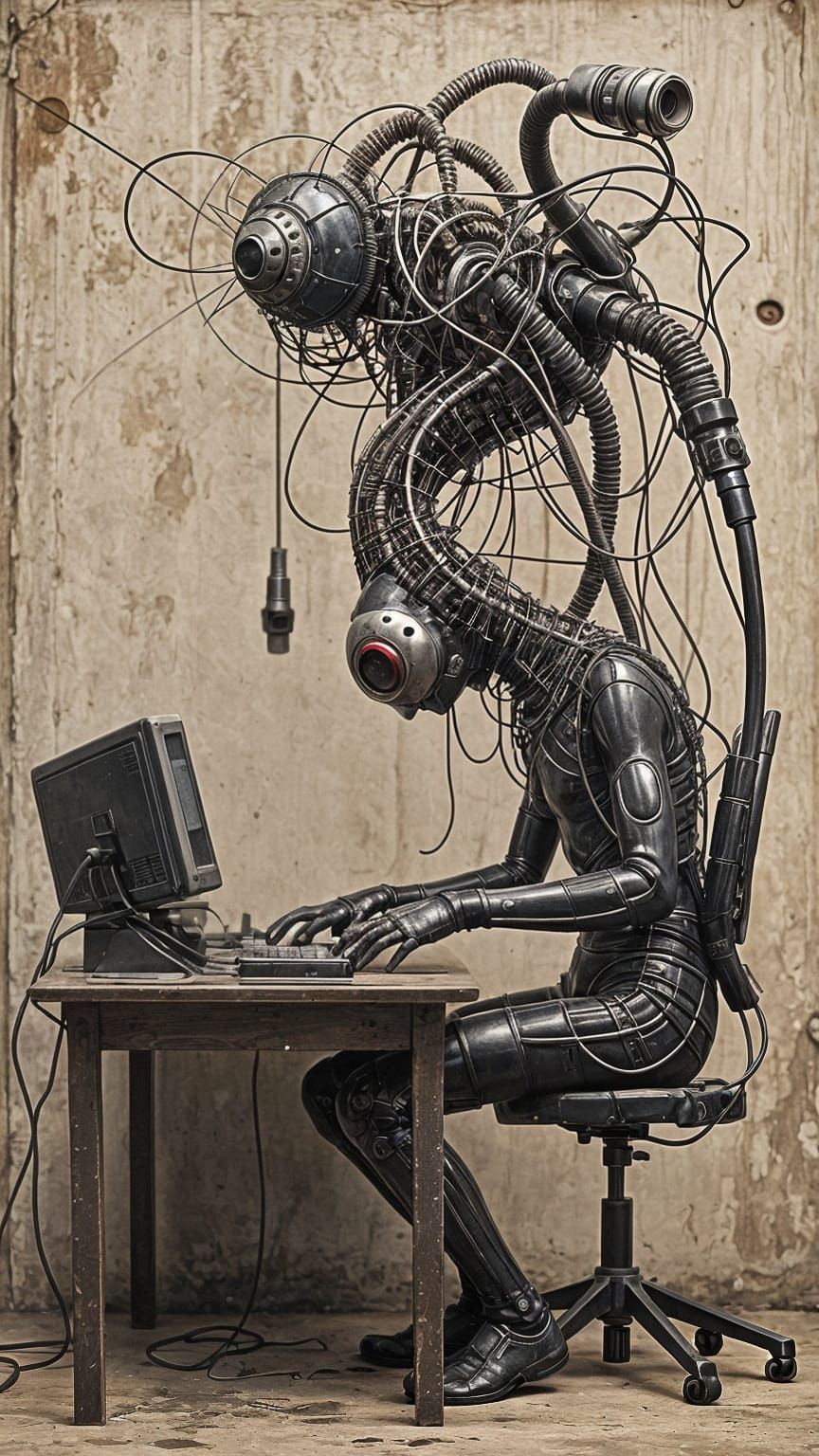 Surreal Human-Machine Drone in Retro-Futuristic Office