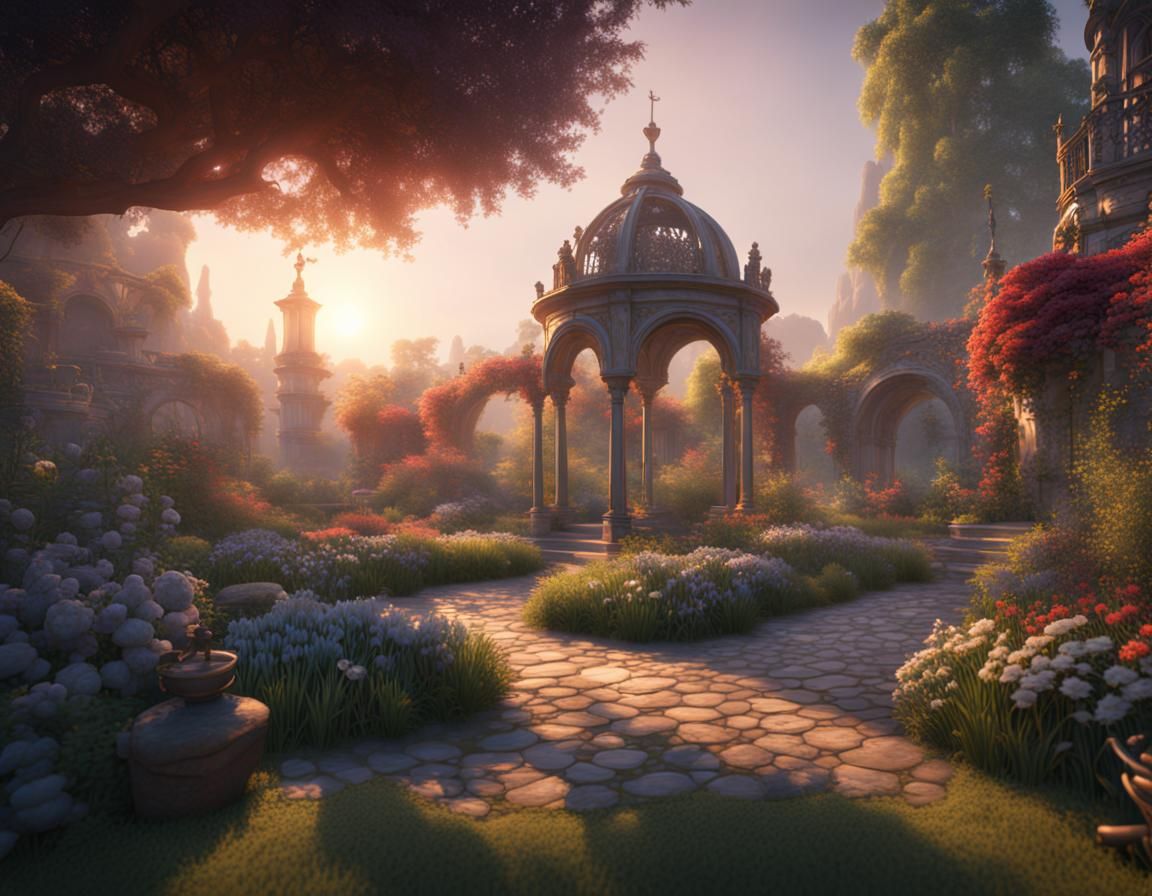 Serene Sunrise Garden in Detailed Matte Painting