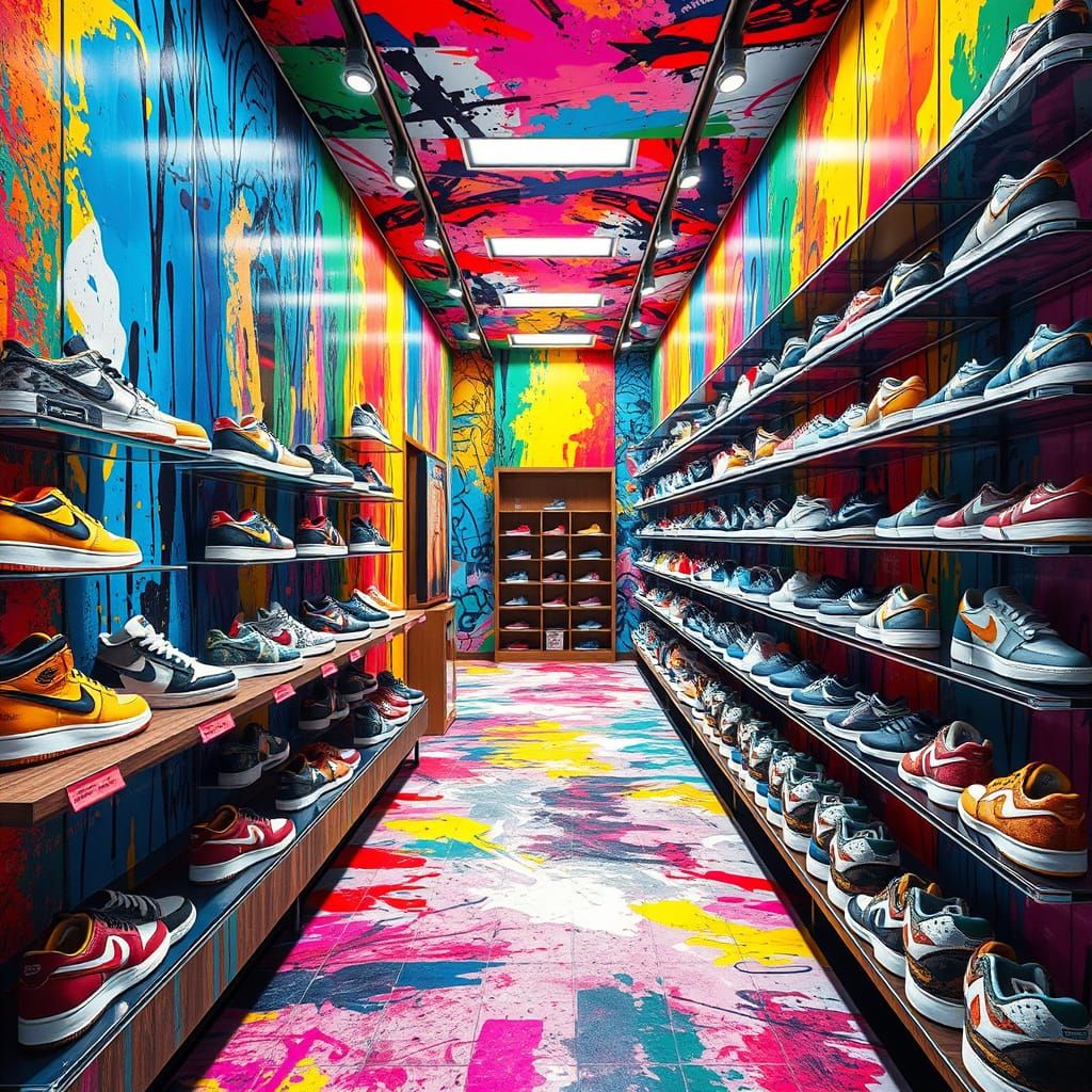 Graffiti Art Shoe Store with Vibrant Polychromatic Design