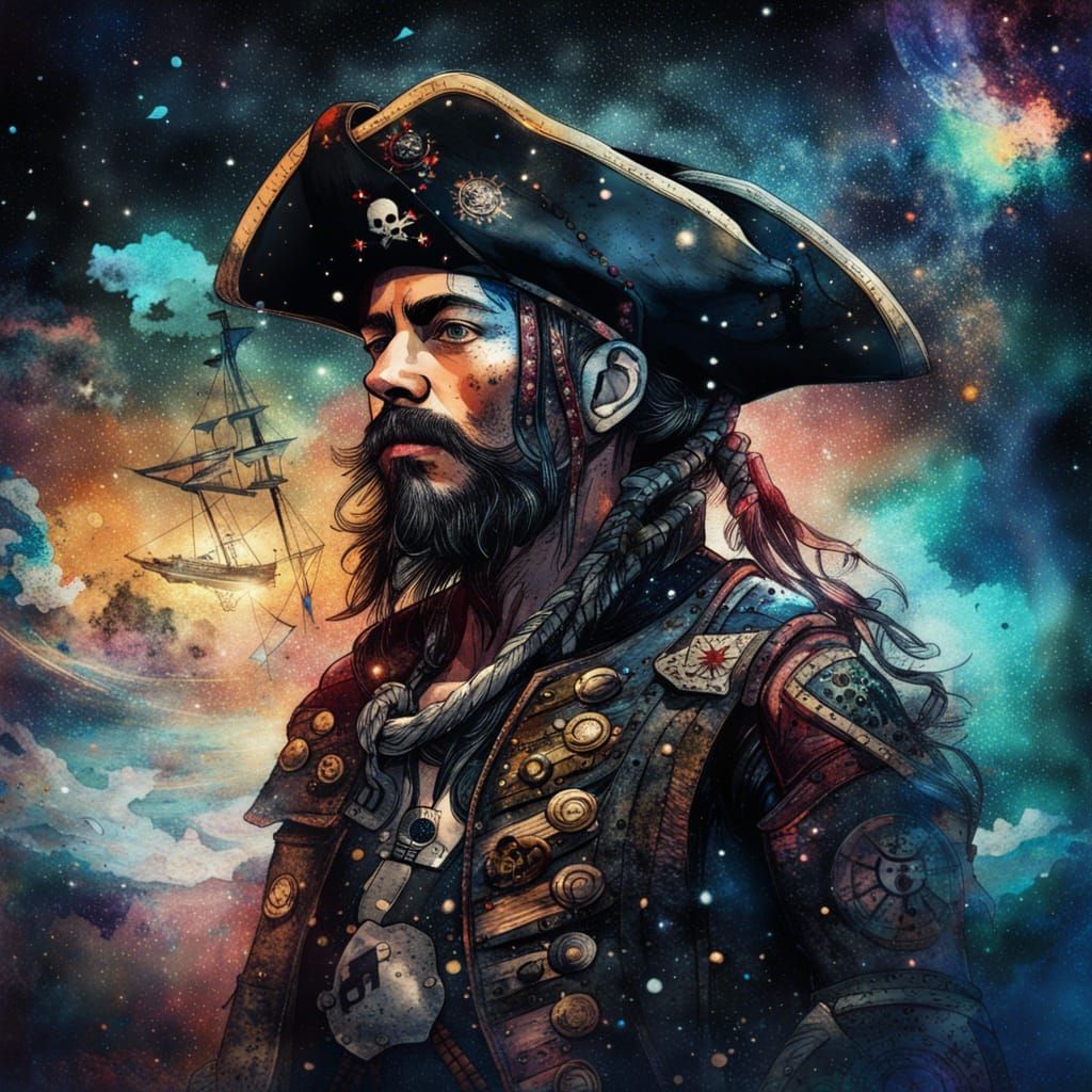 Pirate Captain Double Exposure Portrait in Watercolor Style