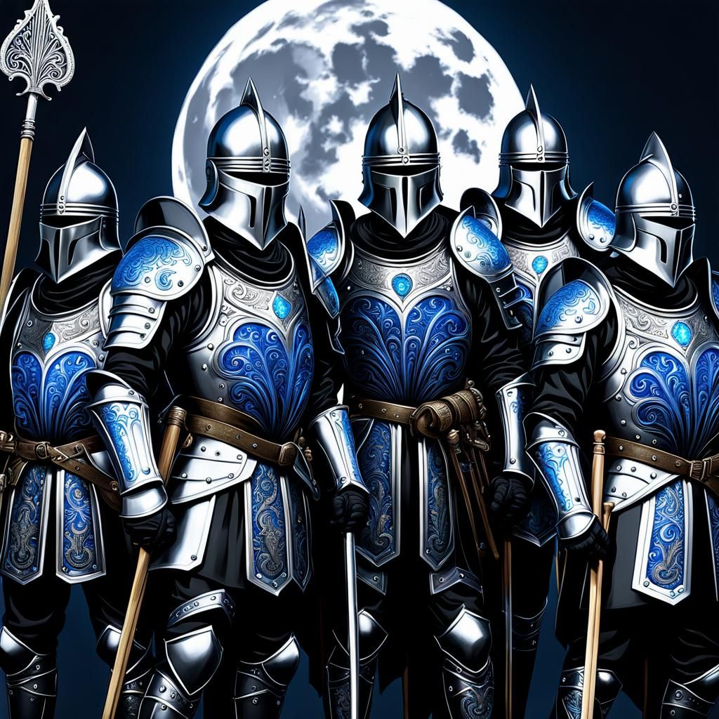 Medieval Pikemen in Black Armor with Crescent Moons
