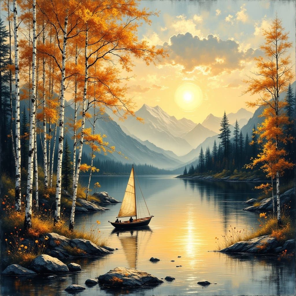 Sailboat on Mountain Lake at Sunset in Impressionist Style