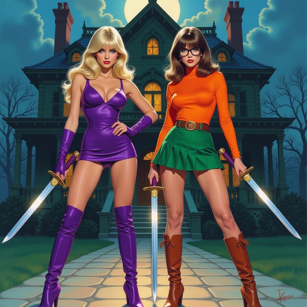 Daphne and Velma With Katanas Before Spooky Mansion
