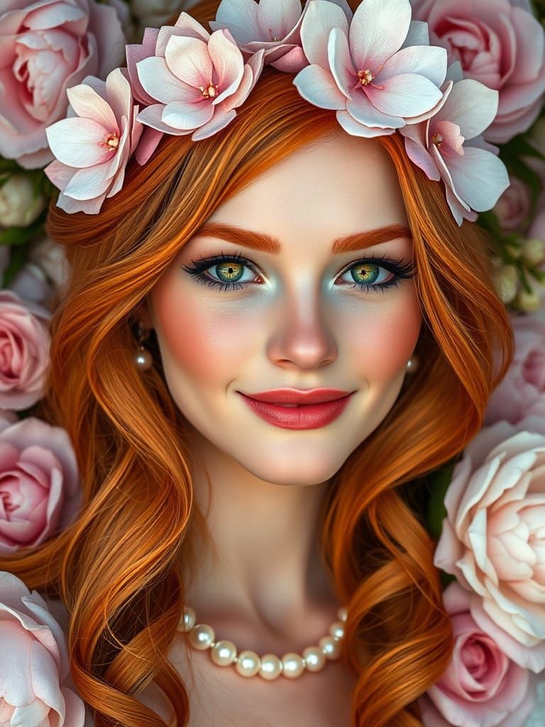 A ravishing redheaded beauty with luminous, emerald green eyes, her fiery mane cascading down her back in loose, golden ...