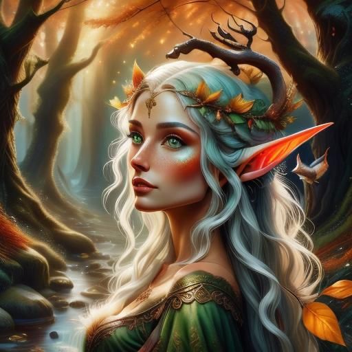 Elven Druid Caring for Squirrel in Autumn Forest