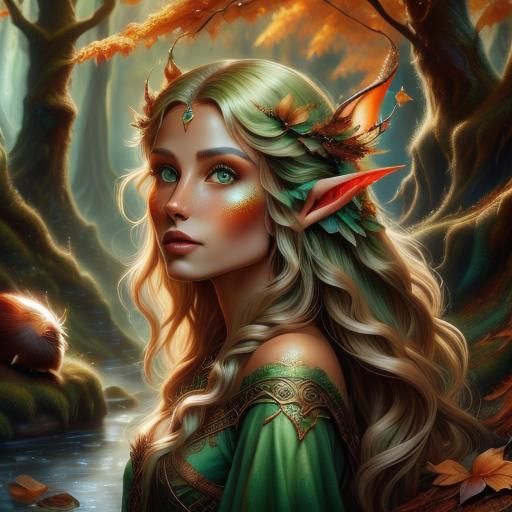 Elven Druids Caring for Squirrel in Autumn Forest