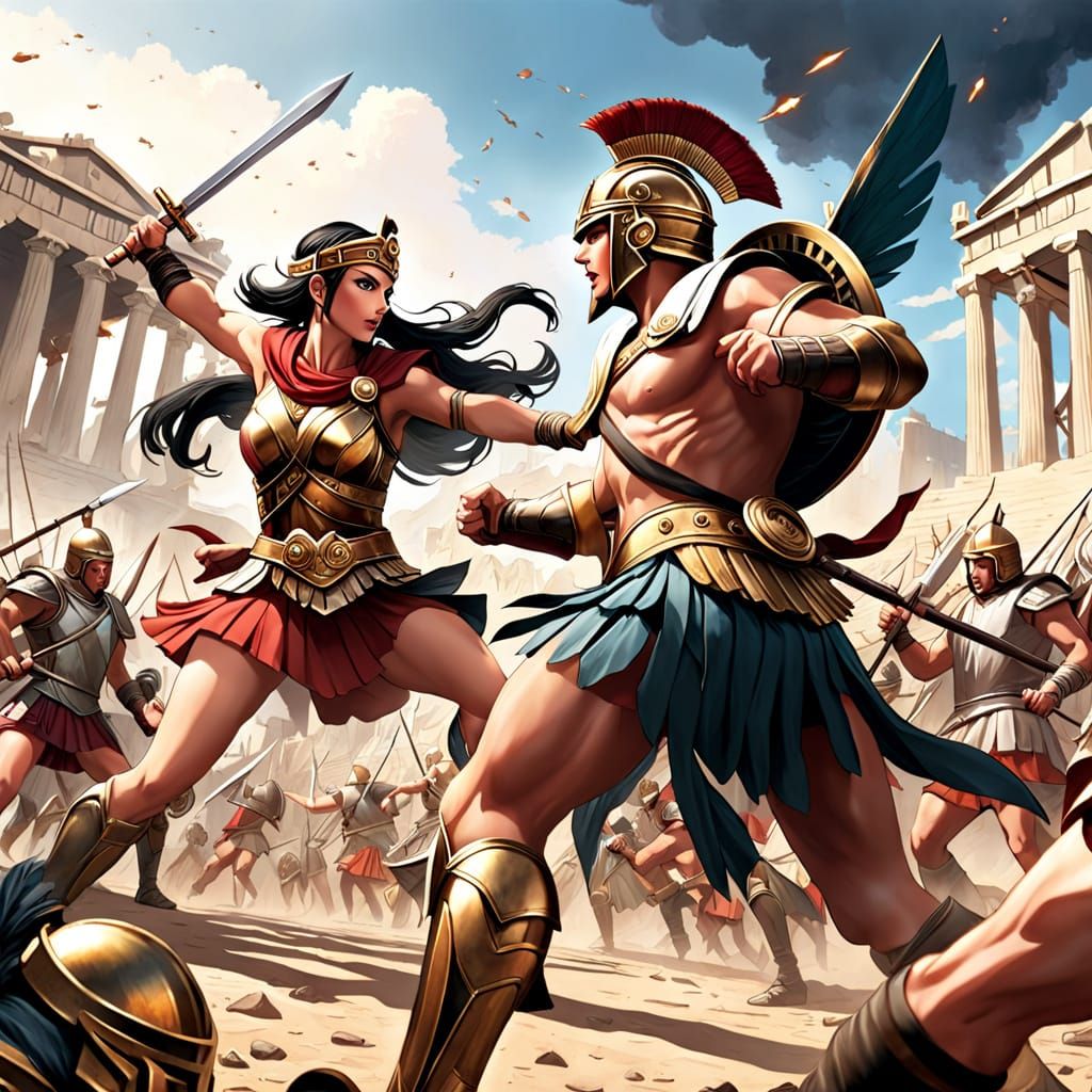 Ancient Greek Amazon Warrior in Epic Combat