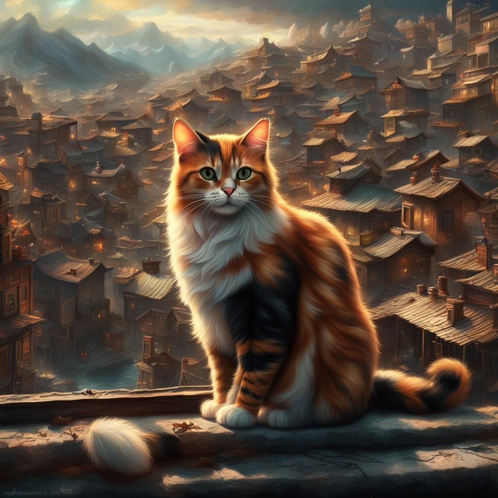 Dramatic Calico Cat Digital Painting