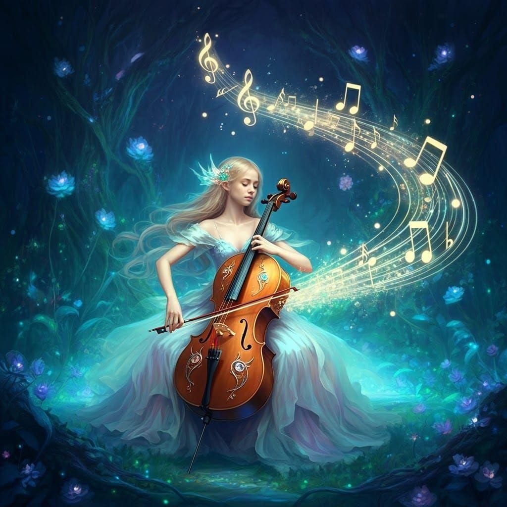 Enchanted Cellist in Bioluminescent Forest