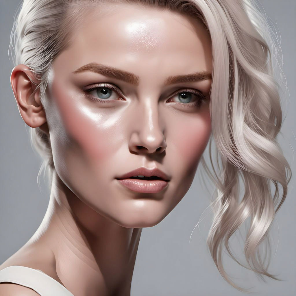 Hyperreal Beauty Portrait with Glossy Skin and Platinum Hair