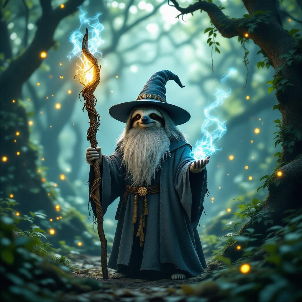Wise Sloth Wizard in Ancient Forest, Cinematic Fantasy